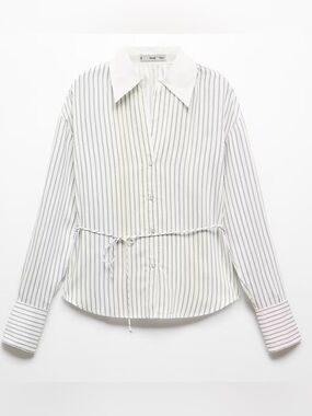 NWT Mango White Pinstripe Button-Up Shirt with Tie Waist